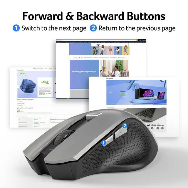 Alt view image 4 of 7 - Wireless Mouse for Laptop, 2.4GHz Computer Mouse 3 Adjustable DPI Office Cordless USB Mice with USBA Receiver, 6 Buttons, 1600 DPI, Medium to Large Sized Hands (Grey)