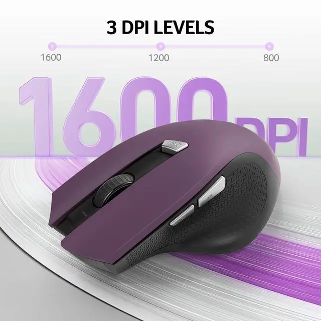 Alt view image 3 of 7 - Wireless Mouse for Laptop, 2.4GHz Computer Mouse 3 Adjustable DPI Office Cordless USB Mice with USBA Receiver, 6 Buttons, 1600 DPI, Medium to Large Sized Hands (Purple)