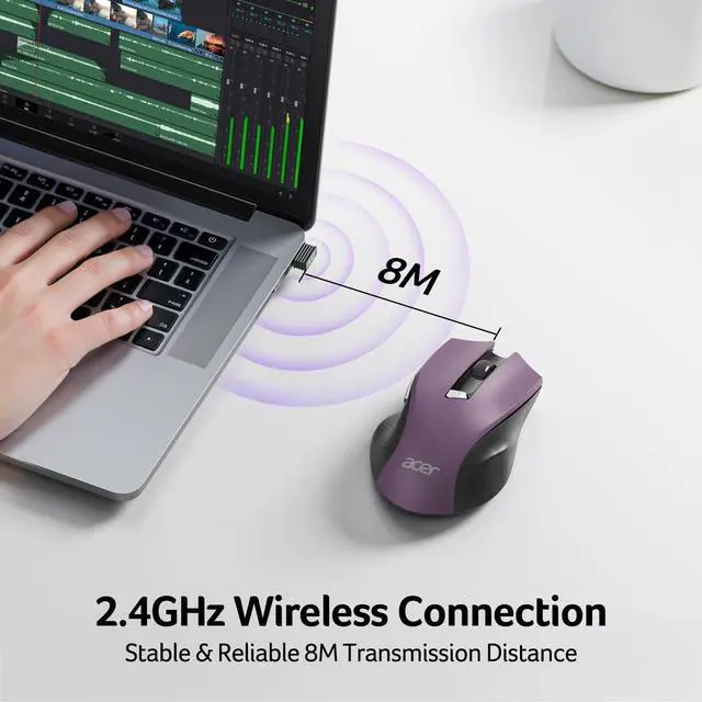 Alt view image 2 of 7 - Wireless Mouse for Laptop, 2.4GHz Computer Mouse 3 Adjustable DPI Office Cordless USB Mice with USBA Receiver, 6 Buttons, 1600 DPI, Medium to Large Sized Hands (Purple)