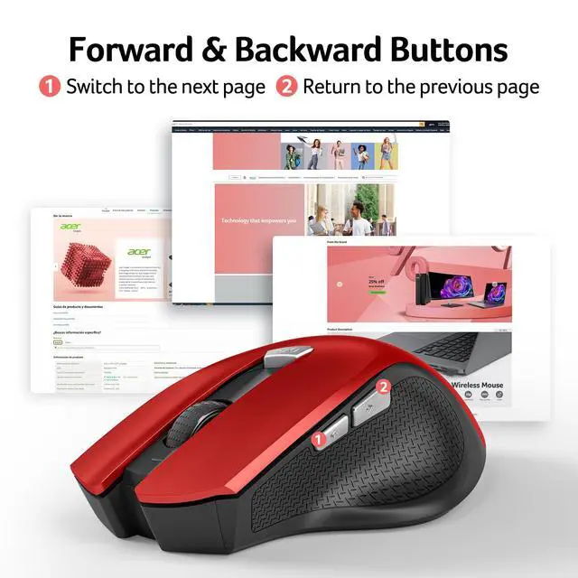 Alt view image 5 of 7 - Wireless Mouse for Laptop, 2.4GHz Computer Mouse 3 Adjustable DPI Office Cordless USB Mice with USBA Receiver, 6 Buttons, 1600 DPI, Medium to Large Sized Hands (Red)
