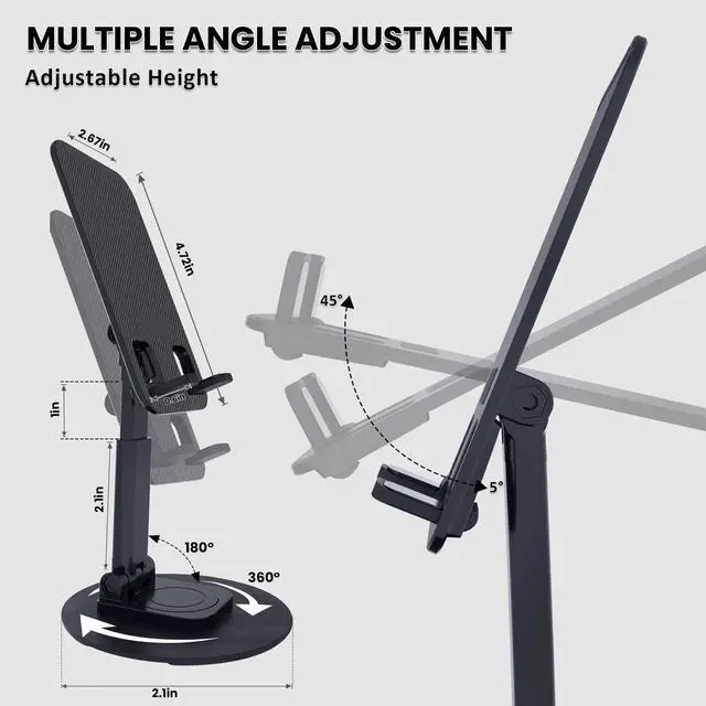 Alt view image 3 of 7 - Cell Phone Stand, Adjustable Phone Holder 360° Rotation Fully Foldable Desktop Dock Compatible with iPhone 16 15 14 13 Pro Max Android Smartphone E-Reader Tablets (Black)