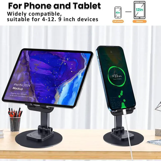 Alt view image 2 of 7 - Cell Phone Stand, Adjustable Phone Holder 360° Rotation Fully Foldable Desktop Dock Compatible with iPhone 16 15 14 13 Pro Max Android Smartphone E-Reader Tablets (Black)