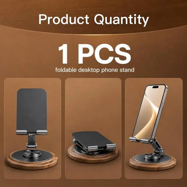 Alt view image 2 of 6 - Phone Holder,Adjustable Cell Phone Stand,360 Rotating Foldable Desktop Cellphone Stand,Adjustable Desktop Phone Stand,Wooden Phone Stand,Folding Phone Stand for All Smart Phones(Black)