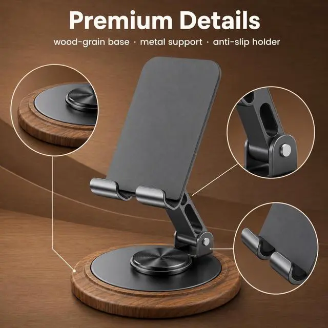 Alt view image 3 of 6 - Phone Holder,Adjustable Cell Phone Stand,360 Rotating Foldable Desktop Cellphone Stand,Adjustable Desktop Phone Stand,Wooden Phone Stand,Folding Phone Stand for All Smart Phones(Black)