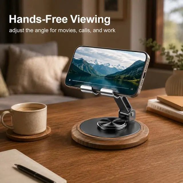 Alt view image 4 of 6 - Phone Holder,Adjustable Cell Phone Stand,360 Rotating Foldable Desktop Cellphone Stand,Adjustable Desktop Phone Stand,Wooden Phone Stand,Folding Phone Stand for All Smart Phones(Black)