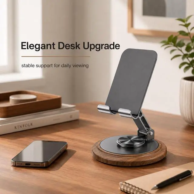 Alt view image 5 of 6 - Phone Holder,Adjustable Cell Phone Stand,360 Rotating Foldable Desktop Cellphone Stand,Adjustable Desktop Phone Stand,Wooden Phone Stand,Folding Phone Stand for All Smart Phones(Black)