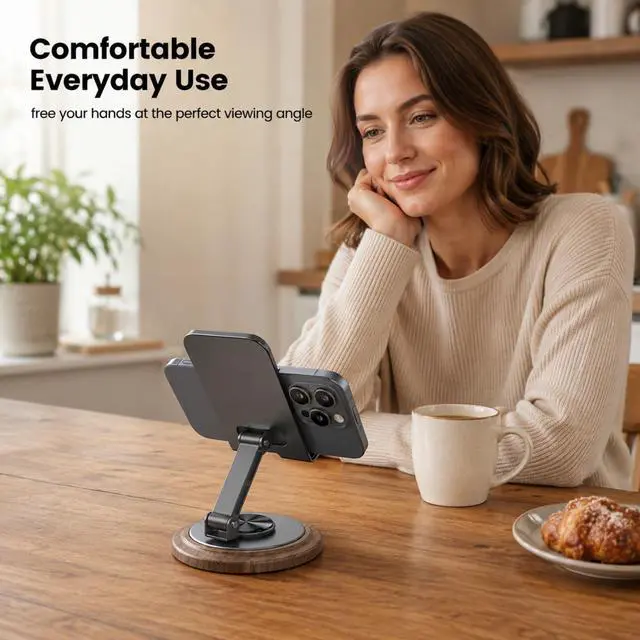 Alt view image 6 of 6 - Phone Holder,Adjustable Cell Phone Stand,360 Rotating Foldable Desktop Cellphone Stand,Adjustable Desktop Phone Stand,Wooden Phone Stand,Folding Phone Stand for All Smart Phones(Black)