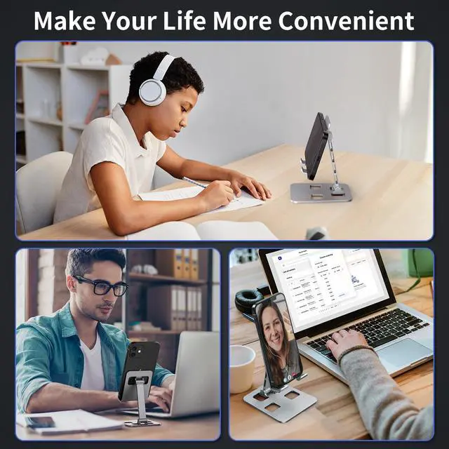 Alt view image 3 of 5 - Foldable Cell Phone Stand, Angle Height Adjustable Desktop Holder, Universal, Compatible with iPhone, Samsung, Switch and All Smartphones, Silver