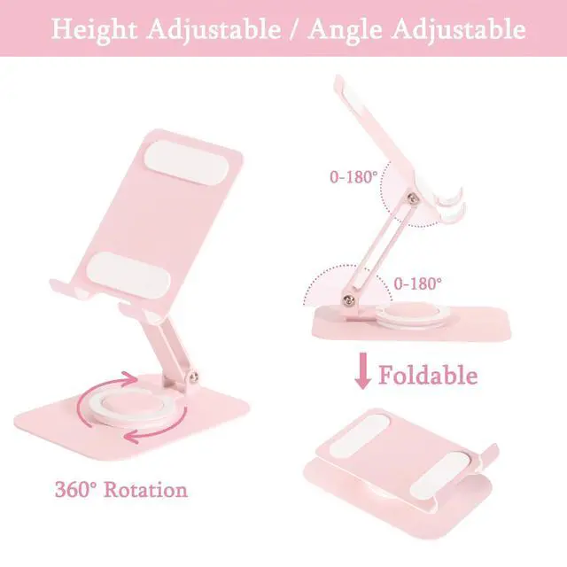 Alt view image 4 of 7 - Adjustable Metal Phone Stand for Desk Foldable 360° Rotating Phone Holder Compatible with iPhone 17/16/15/14 Pro Max/Air, Galaxy S25/S26 & Google Pixel 10a Pink