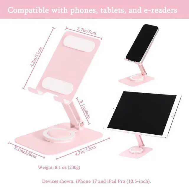 Alt view image 5 of 7 - Adjustable Metal Phone Stand for Desk Foldable 360° Rotating Phone Holder Compatible with iPhone 17/16/15/14 Pro Max/Air, Galaxy S25/S26 & Google Pixel 10a Pink
