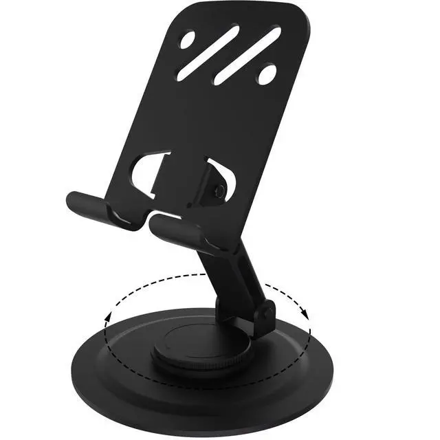 Main image of Adjustable Metal Cell Phone Stand, 360° Rotation Fully Foldable, Anti-Slip Base Desktop Phone Holder for iPhone 17 16 15 Pro Max All Smartphones (Black)