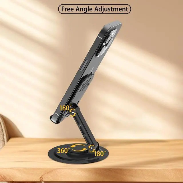 Alt view image 4 of 7 - Adjustable Metal Cell Phone Stand, 360° Rotation Fully Foldable, Anti-Slip Base Desktop Phone Holder for iPhone 17 16 15 Pro Max All Smartphones (Black)