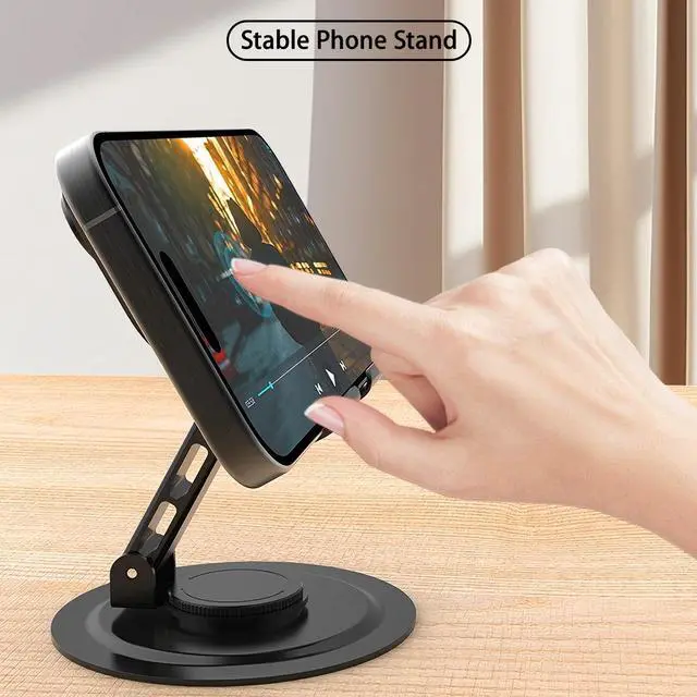 Alt view image 2 of 7 - Adjustable Metal Cell Phone Stand, 360° Rotation Fully Foldable, Anti-Slip Base Desktop Phone Holder for iPhone 17 16 15 Pro Max All Smartphones (Black)