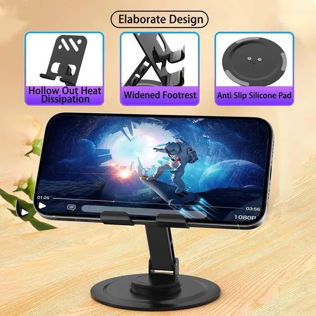 Alt view image 5 of 7 - Adjustable Metal Cell Phone Stand, 360° Rotation Fully Foldable, Anti-Slip Base Desktop Phone Holder for iPhone 17 16 15 Pro Max All Smartphones (Black)