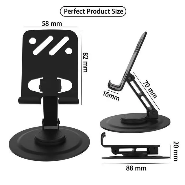 Alt view image 3 of 7 - Adjustable Metal Cell Phone Stand, 360° Rotation Fully Foldable, Anti-Slip Base Desktop Phone Holder for iPhone 17 16 15 Pro Max All Smartphones (Black)