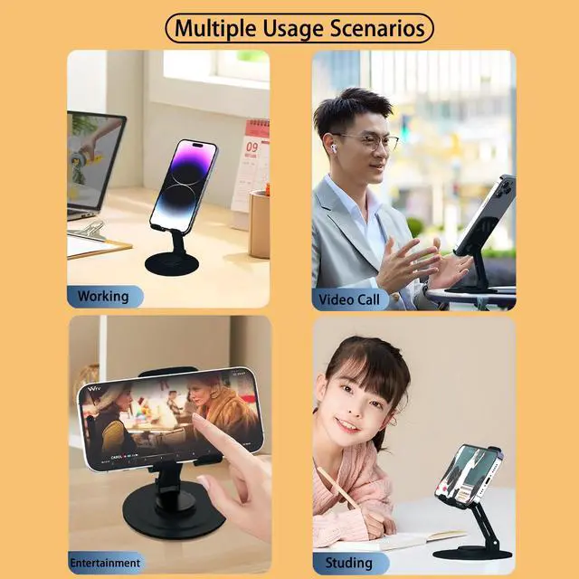 Alt view image 7 of 7 - Adjustable Metal Cell Phone Stand, 360° Rotation Fully Foldable, Anti-Slip Base Desktop Phone Holder for iPhone 17 16 15 Pro Max All Smartphones (Black)