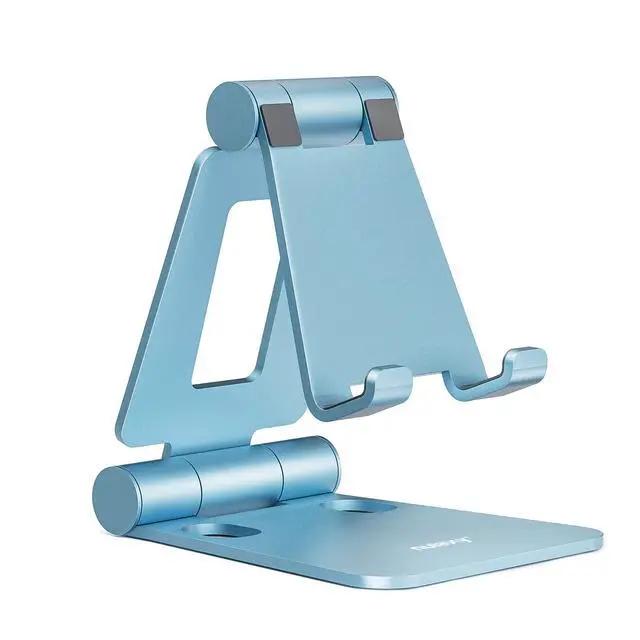 Main image of Dual Folding Cell Phone Stand, Fully Adjustable Foldable Desktop Phone Holder Cradle Dock Compatible with iPhone 17 16 15 14 13 12 11 Pro Max Xs Xr X 8, Nintendo Switch, All Phones - Blue