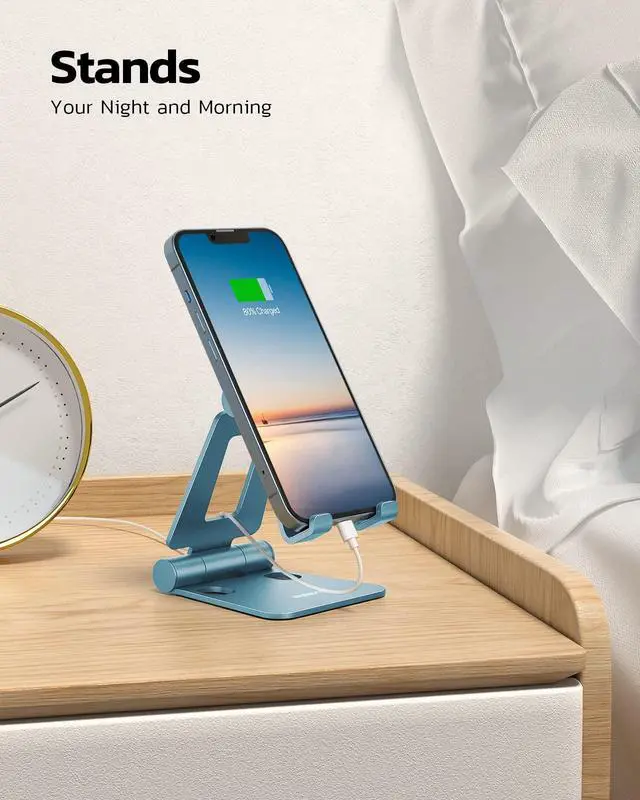 Alt view image 3 of 6 - Dual Folding Cell Phone Stand, Fully Adjustable Foldable Desktop Phone Holder Cradle Dock Compatible with iPhone 17 16 15 14 13 12 11 Pro Max Xs Xr X 8, Nintendo Switch, All Phones - Blue