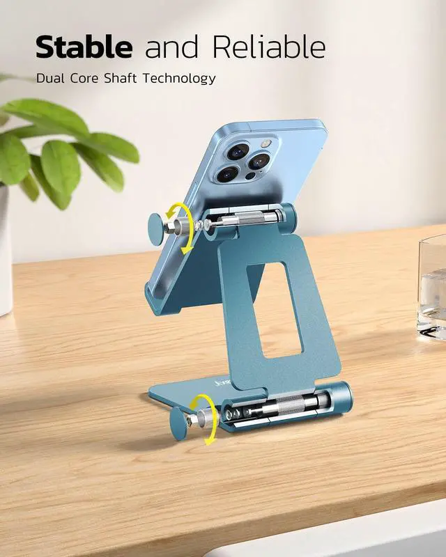 Alt view image 4 of 6 - Dual Folding Cell Phone Stand, Fully Adjustable Foldable Desktop Phone Holder Cradle Dock Compatible with iPhone 17 16 15 14 13 12 11 Pro Max Xs Xr X 8, Nintendo Switch, All Phones - Blue