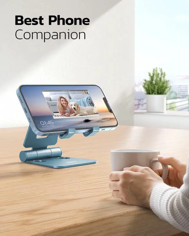 Alt view image 6 of 6 - Dual Folding Cell Phone Stand, Fully Adjustable Foldable Desktop Phone Holder Cradle Dock Compatible with iPhone 17 16 15 14 13 12 11 Pro Max Xs Xr X 8, Nintendo Switch, All Phones - Blue