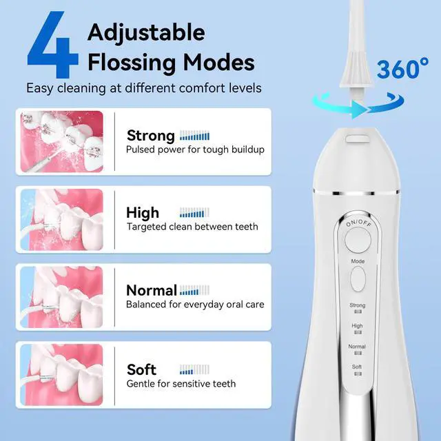 Alt view image 2 of 7 - Water Flosser for Teeth Cleaning: Cordless Portable Water Dental Pick, 4 Modes Rechargeable Oral Irrigator with 5 Nozzles, 300ML IPX7 Waterproof Electric Flossers for Braces, Travel & Home Use, White
