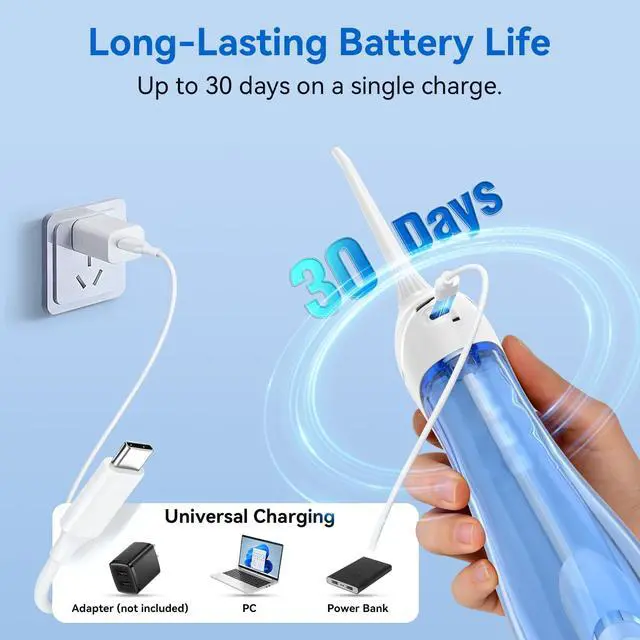 Alt view image 6 of 7 - Water Flosser for Teeth Cleaning: Cordless Portable Water Dental Pick, 4 Modes Rechargeable Oral Irrigator with 5 Nozzles, 300ML IPX7 Waterproof Electric Flossers for Braces, Travel & Home Use, White