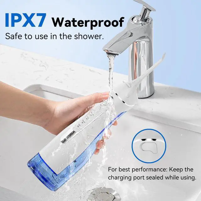Alt view image 7 of 7 - Water Flosser for Teeth Cleaning: Cordless Portable Water Dental Pick, 4 Modes Rechargeable Oral Irrigator with 5 Nozzles, 300ML IPX7 Waterproof Electric Flossers for Braces, Travel & Home Use, White