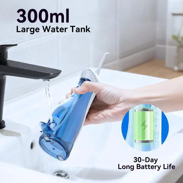Alt view image 4 of 7 - Cordless Portable Water Flosser with 300ML Tank: Rechargeable Oral Irrigator with 5 Tips for Travel, Braces Care and Sensitive Gums, IPX7 Waterproof Teeth Cleaning Device(Blue