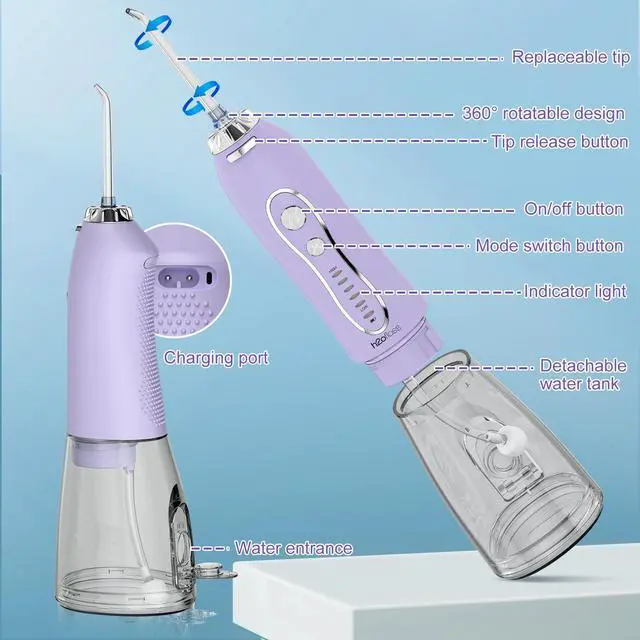 Alt view image 5 of 7 - Water Dental Flosser Teeth Pick, Cordless Portable Oral Irrigator 300ML Rechargeable Travel Irrigation Cleaner IPX7 Waterproof WaterFlosser for Home Travel Lavender