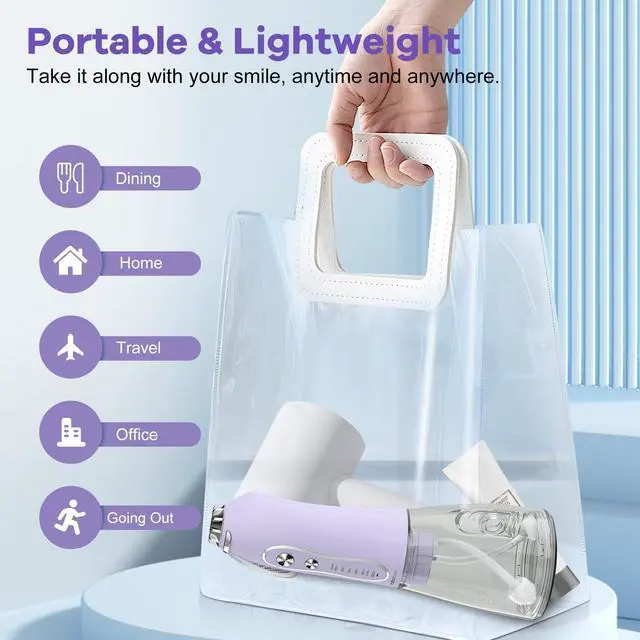 Alt view image 7 of 7 - Water Dental Flosser Teeth Pick, Cordless Portable Oral Irrigator 300ML Rechargeable Travel Irrigation Cleaner IPX7 Waterproof WaterFlosser for Home Travel Lavender