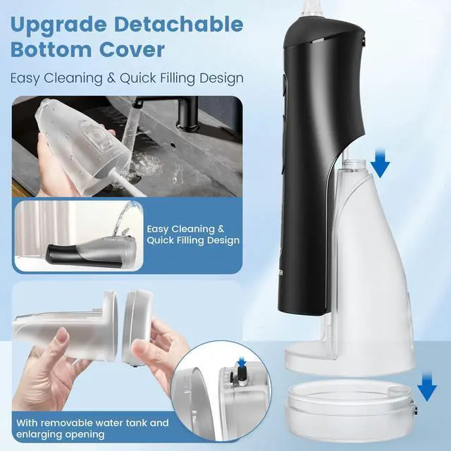 Alt view image 4 of 7 - Water Flosser for Teeth with Detachable Washable Tank, 5 Modes Rechargeable Cordless Oral Irrigator, 300ml Portable Dental Flosser, IPX7 Waterproof for Home & Travel, Black