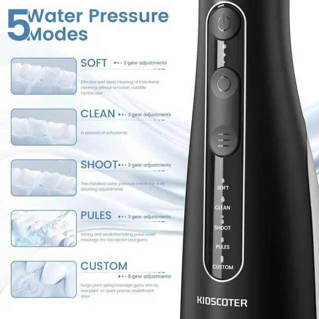 Alt view image 3 of 7 - Water Flosser for Teeth with Detachable Washable Tank, 5 Modes Rechargeable Cordless Oral Irrigator, 300ml Portable Dental Flosser, IPX7 Waterproof for Home & Travel, Black