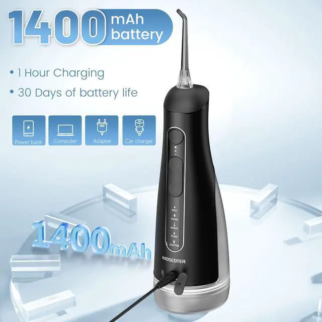 Alt view image 7 of 7 - Water Flosser for Teeth with Detachable Washable Tank, 5 Modes Rechargeable Cordless Oral Irrigator, 300ml Portable Dental Flosser, IPX7 Waterproof for Home & Travel, Black