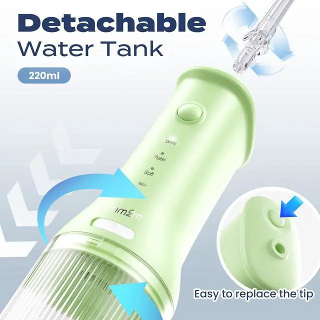 Alt view image 4 of 7 - Portable Cordless Water Flosser, Oral Irrigator with 3 Modes & 2 Tips, Fast Rechargeable, IPX7 Waterproof, Dental Water Flosser for Travel and Home Use (Light Green)