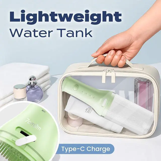 Alt view image 7 of 7 - Portable Cordless Water Flosser, Oral Irrigator with 3 Modes & 2 Tips, Fast Rechargeable, IPX7 Waterproof, Dental Water Flosser for Travel and Home Use (Light Green)