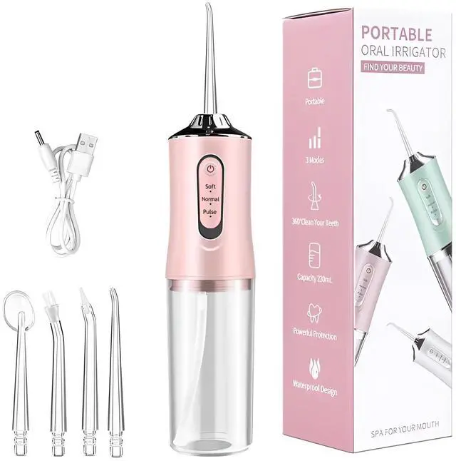 Main image of Water Dental Flosser for Teeth, 230ML Detachable Tank Portable Cordless Oral Irrigator with 0.6mm Precision Water Column, 3 Modes & 4 Jet Tips, IPX7 Waterproof Rechargeable Dental Pick for Travel,Pink