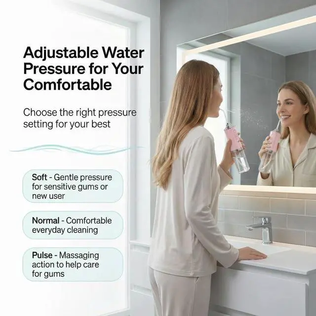Alt view image 3 of 7 - Water Dental Flosser for Teeth, 230ML Detachable Tank Portable Cordless Oral Irrigator with 0.6mm Precision Water Column, 3 Modes & 4 Jet Tips, IPX7 Waterproof Rechargeable Dental Pick for Travel,Pink