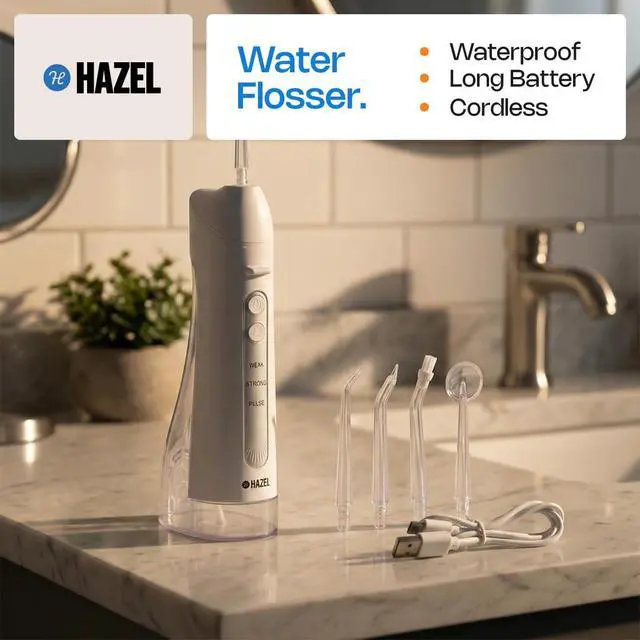 Alt view image 7 of 7 - Cordless Travel Water Flosser for Teeth - Portable Oral Irrigator Water Pick, 300ml Tank, 3 Modes, 4 Tips - IPX7 Waterproof Rechargeable Dental Cleaner for Braces & Sensitive Gums, White