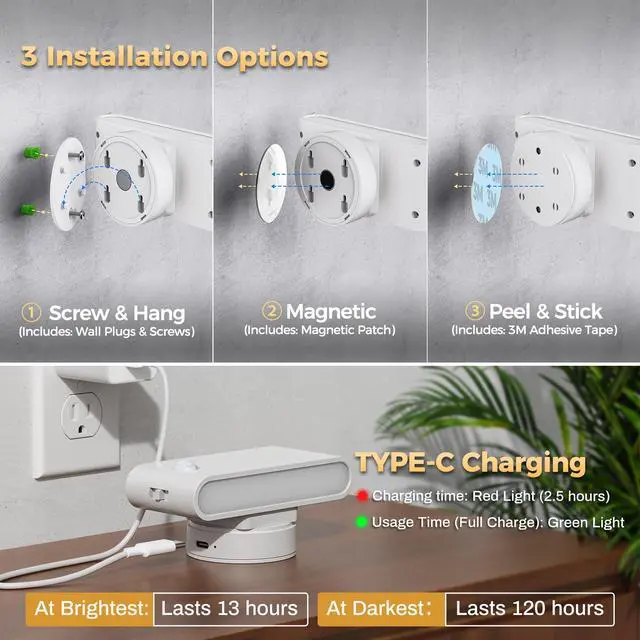 Alt view image 2 of 7 - Motion Sensor Stair Light Indoor 2 Pack LED Wall Sconce White Night Lights Plug into Wall Magnetic Stick-On, Rechargeable 8000mAh Battery Operateded Wall Lamp for Hallway, Stairs, Bedroom