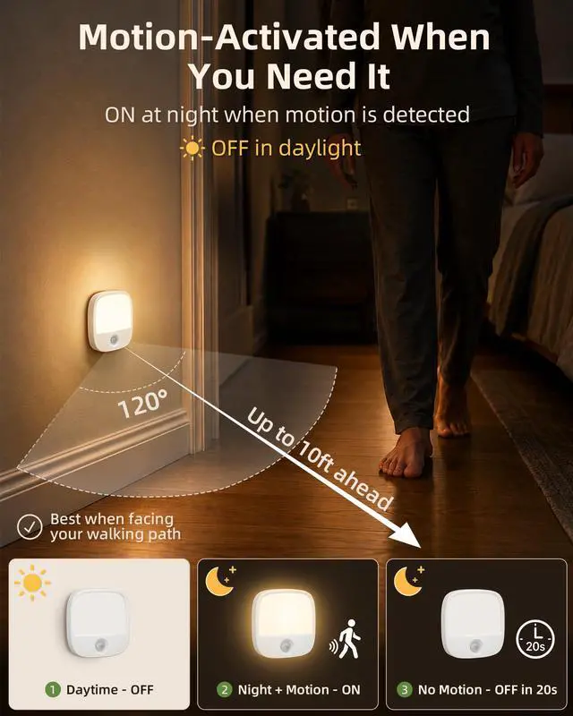 Alt view image 2 of 7 - Rechargeable Motion Sensor Night Lights, 2 Pack Magnetic Stick-On LED Lights with 3 Color Temperatures, Adjustable & Memory, Cordless Night Light for Closet, Bedroom, Hallway, Stairs, Bathroom