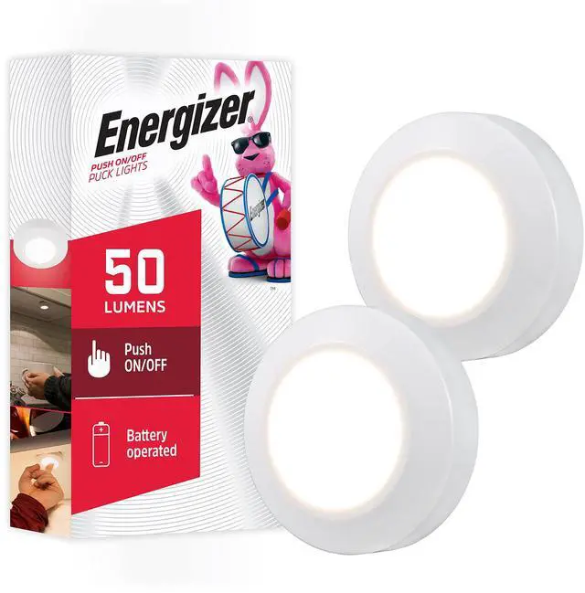 Main image of LED Puck Lights, 2 Pack, Battery Operated, Push Light, Wireless Lights, 50 Lumens, Tap Light, Stick On Lights, White, Perfect for Under Cabinet, Closets, Pantry, and More, 46009