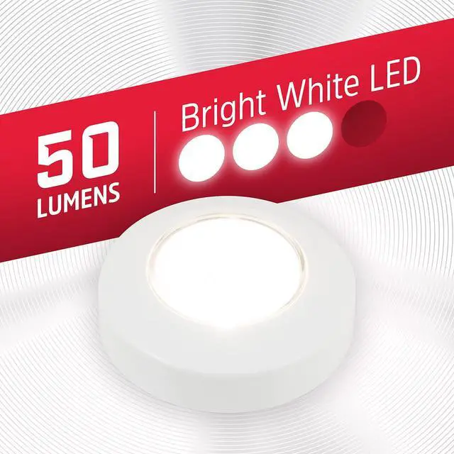 Alt view image 3 of 7 - LED Puck Lights, 2 Pack, Battery Operated, Push Light, Wireless Lights, 50 Lumens, Tap Light, Stick On Lights, White, Perfect for Under Cabinet, Closets, Pantry, and More, 46009