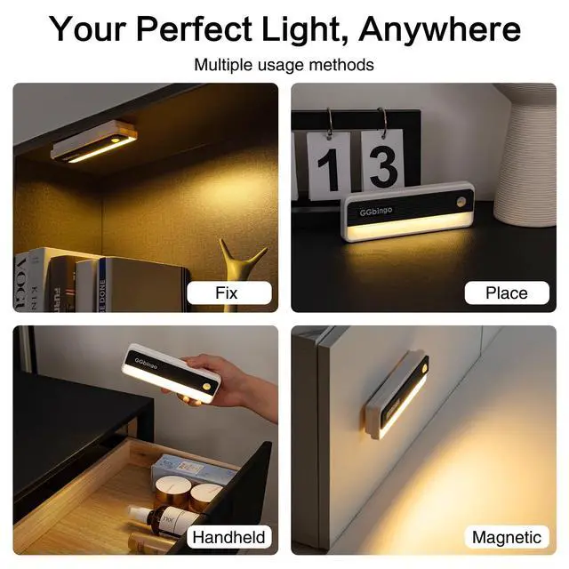 Alt view image 5 of 7 - Motion Sensor Night Lights, 1800mAh Rechargeable Motion Activated Night Light, 3000K Battery Operated LED Sensor Light Indoor for Stair, Bedroom, Stairway, Hallway, Kitchen, Cabinet, Closet