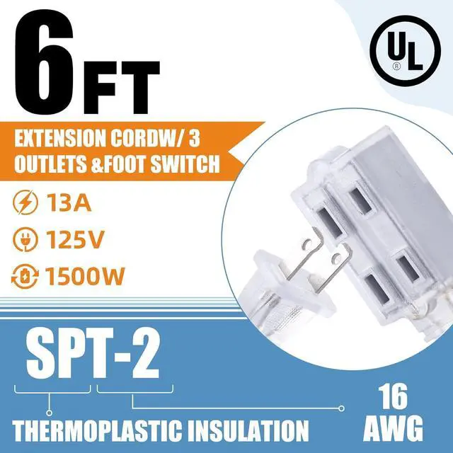 Alt view image 3 of 7 - 1 Pack Clear Extension Cord with Foot Switch 3 Outlet 6 FT Invisible Extension Cord 2 Prong Power Cable Male to Female, UL-Certified, 13A/125V, 2 x 16 AWG