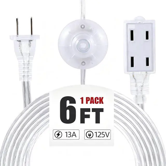 Main image of 1 Pack Clear Extension Cord with Foot Switch 3 Outlet 6 FT Invisible Extension Cord 2 Prong Power Cable Male to Female, UL-Certified, 13A/125V, 2 x 16 AWG