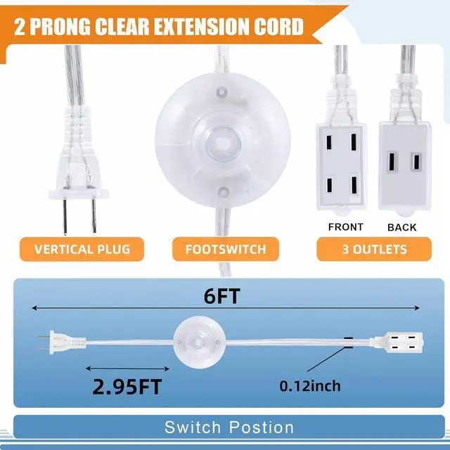 Alt view image 2 of 7 - 1 Pack Clear Extension Cord with Foot Switch 3 Outlet 6 FT Invisible Extension Cord 2 Prong Power Cable Male to Female, UL-Certified, 13A/125V, 2 x 16 AWG