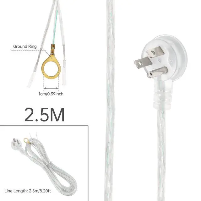 Alt view image 2 of 6 - 3-Prong Power Cord, 8ft Clear Indoor Replacement Cable with Right Angle Flat Plug, 18AWG Stripped Ends for Lamp & Device Wiring(8ft, Clear)