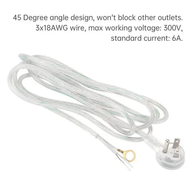 Alt view image 6 of 6 - 3-Prong Power Cord, 8ft Clear Indoor Replacement Cable with Right Angle Flat Plug, 18AWG Stripped Ends for Lamp & Device Wiring(8ft, Clear)