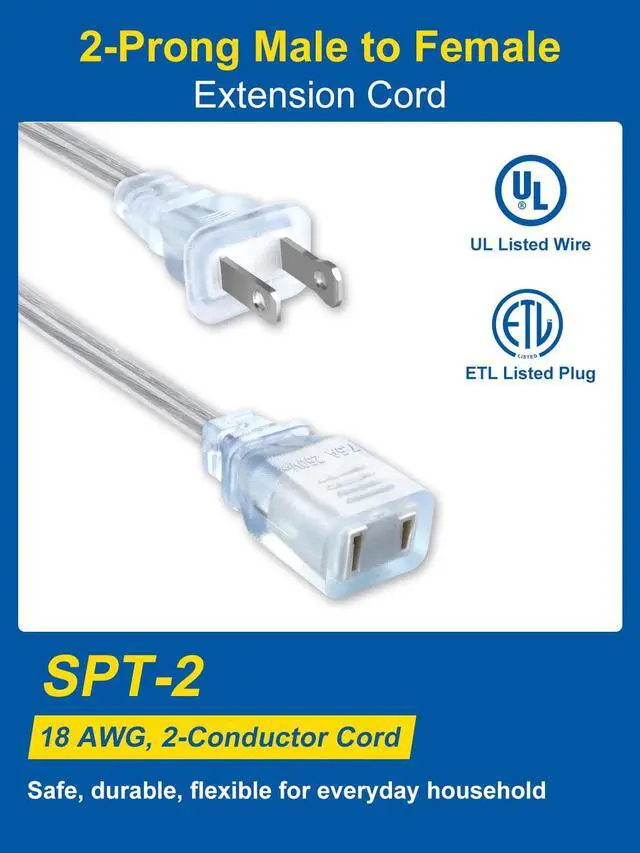 Alt view image 3 of 7 - Short Clear Extension Cord 3FT, 1 Pack Single Skinny Extension Cord Indoor Thin, UL Polarized 2 Prong, 18 AWG 250V 7.5A, Discreet Lightweight Small Power Cable 3 Foot for Lamp