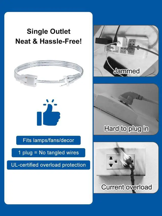 Alt view image 5 of 7 - Short Clear Extension Cord 3FT, 1 Pack Single Skinny Extension Cord Indoor Thin, UL Polarized 2 Prong, 18 AWG 250V 7.5A, Discreet Lightweight Small Power Cable 3 Foot for Lamp